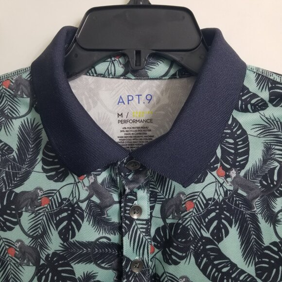 Apt 9 Mens M Short Sleeve Hawaiian Premiere Flex Polo Teal Blue Black Monkey - Picture 5 of 12